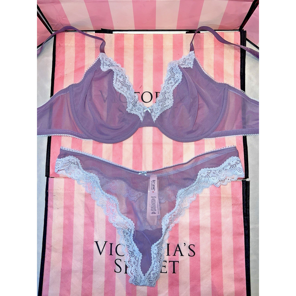 Victoria's Secret Bra Unlined Tease 36DDD Medium Sheer Thong Gray & Blue